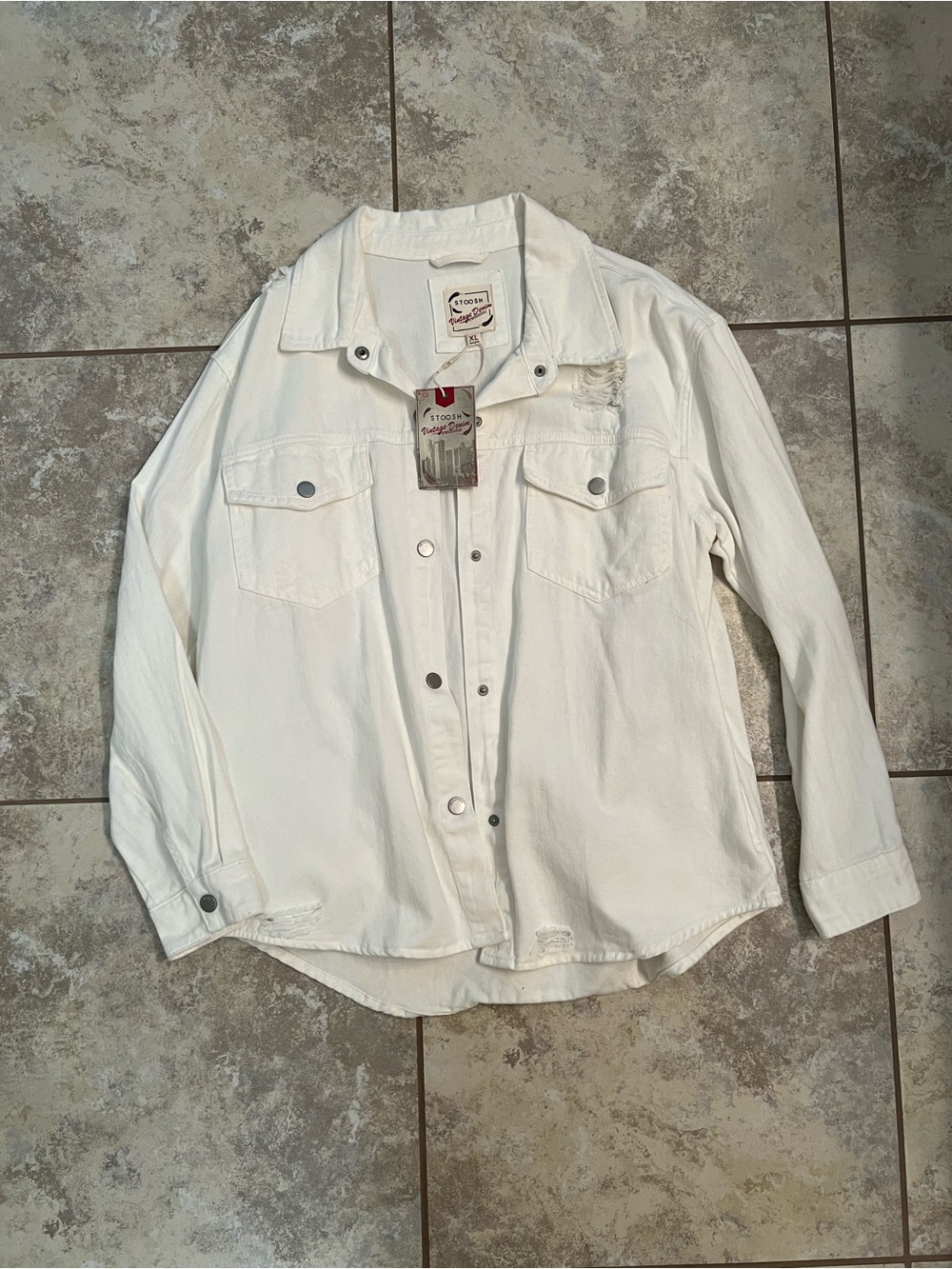 NWT Stoosh White Vintage Denim Jacket with Button Flap Pockets - Picture 1 of 3